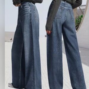 AnotherChill Dark Blue Wide Leg Faux Jeans for Women